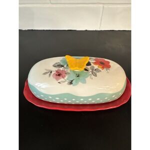Butter Dish Pioneer Woman Flea Market‎ Butterfly Stoneware Floral Lid Red Base